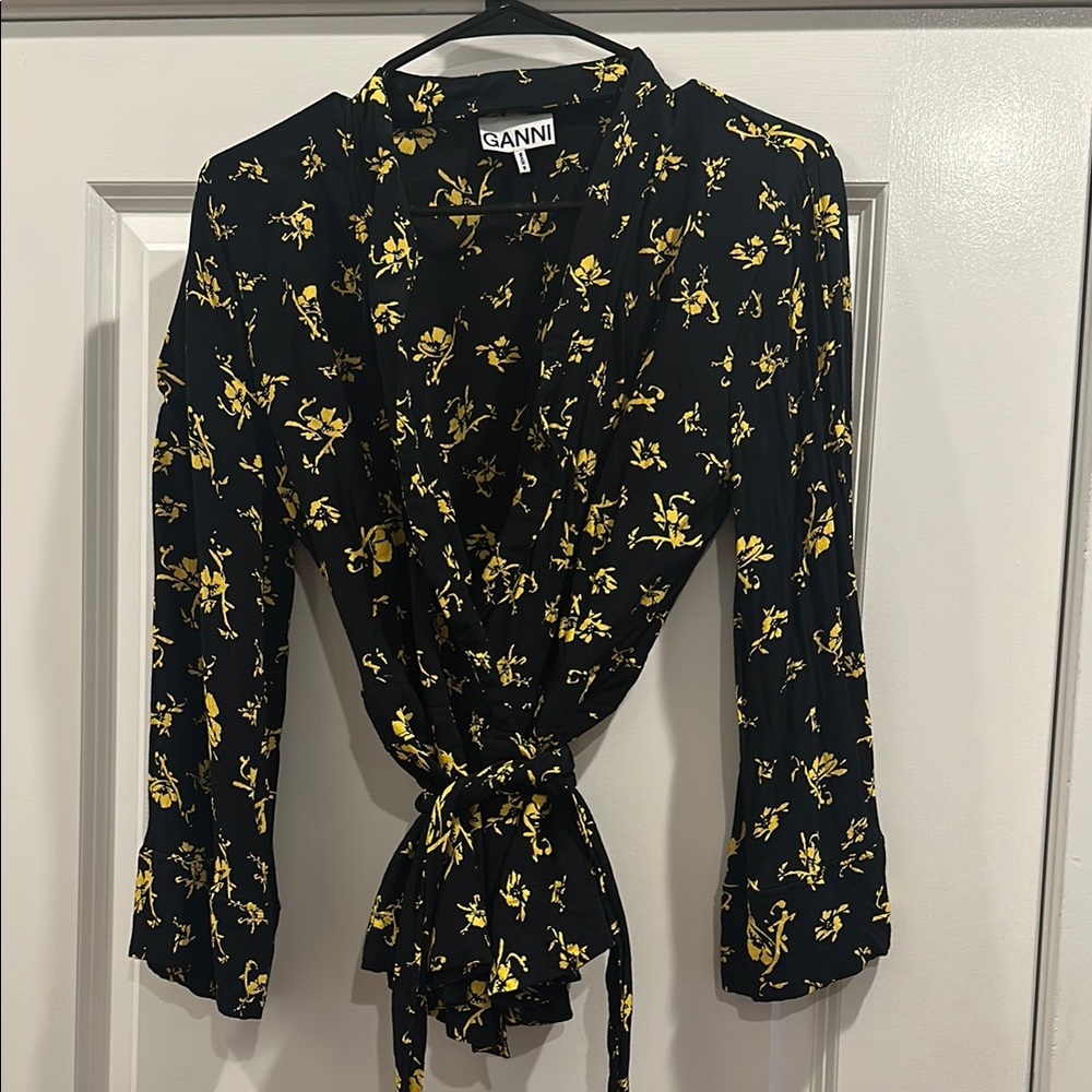 Ganni Top | Black and Yellow Bell Sleeve Blouse - Picture 2 of 8